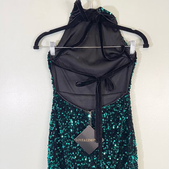 Love & Lemonade Green Sequin Dress Lace Up Backless Mermaid Maxi size XS NWT - Picture 11 of 15